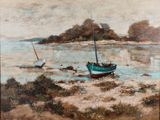une peinture représentant un bateau au bord d'un plan d'eau
