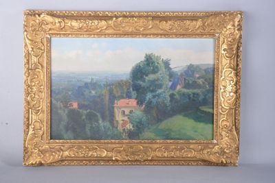 tableau représentant un paysage avec une maison et des arbres, dans un cadre doré
