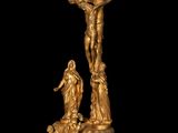 an image of a statue of jesus on the cross with a woman and child
