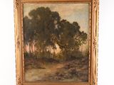 an oil painting of a landscape with trees and a dirt road
