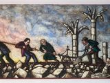 painting of a painting of a group of people working on a pile of rocks