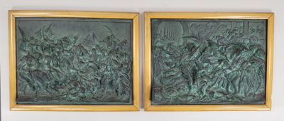 F. LAVASTRE, Deux Bas-Reliefs en en métal repoussé, signés e…