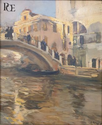 tableau représentant une gondole passant sous un pont, avec des personnes à bord