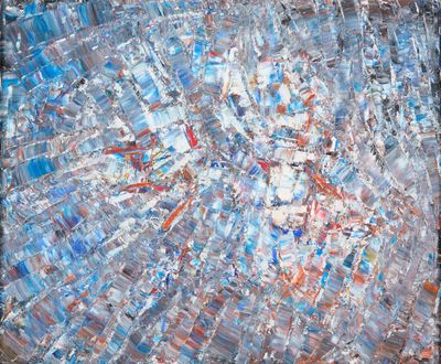 une peinture abstraite représentant un cercle bleu et rouge sur fond noir