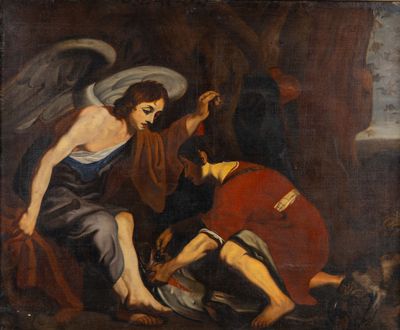 an image of a painting of a man kneeling down next to an angel