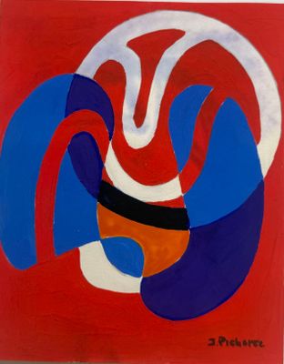 abstract painting of red, blue, and white swirls on a red background