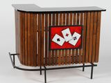 a wooden bar with cards on top of it