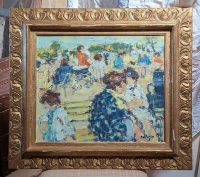 a painting of a group of people sitting on a bench