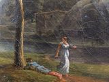 painting of a woman in a landscape with a castle in the background