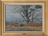 an oil painting of a tree in a field with a sky in the background