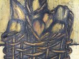a painting of a basket with pears and pears in it