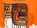 an orange painting of a face with a halo on top of it