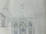 drawing of interior of a church with people standing in front of it