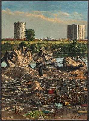 une peinture représentant une rivière avec un tas de déchets sur la berge