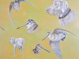 painting of birds and a dog on a yellow background