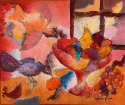 peinture abstraite représentant des fruits et des oiseaux sur une table, avec une fenêtre en arrière-plan