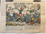 un vieux journal sur lequel figure le dessin d'un homme tenant un drapeau