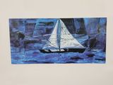 painting of a sailboat floating in a body of water with rocks in the background