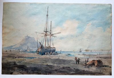tableau représentant un bateau sur la plage, entouré de personnes