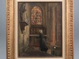 a painting of a woman standing in front of a stained glass window