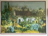 a painting of a house in the middle of a garden