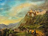 peinture représentant un château sur une colline, avec un homme et une femme au premier plan