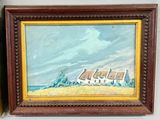 painting of a farm scene with a house and a windmill in the background