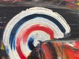 abstract painting of a car with a red, white, and blue stripe
