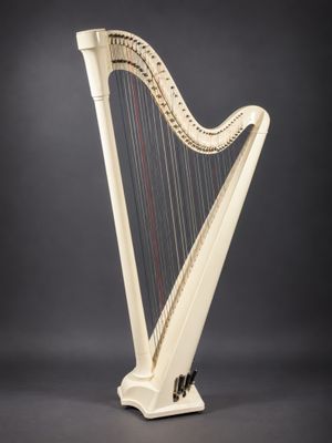 a white harp sitting on top of a wooden stand