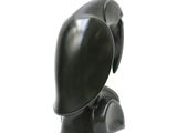 a black sculpture of an owl on a white background