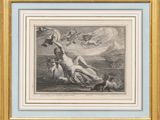 an image of a painting of a woman laying on the ground next to a dog