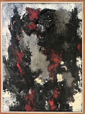 an abstract painting of black, red and white on a wooden frame