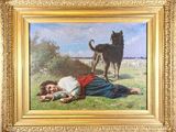 painting of a woman laying on the ground with a dog in the background