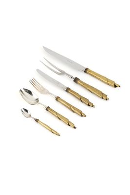 a set of four forks and spoons with gold handles