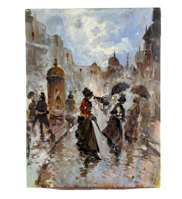 une peinture de personnes marchant dans la rue avec des parapluies
