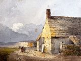 une aquarelle représentant une maison au bord de la route
