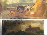 two paintings of a painting of a horse drawn carriage and a painting of a man on a horse drawn carriage