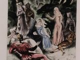 painting of a group of people in a wooded area surrounded by trees
