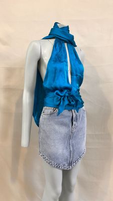 blue halter top and denim mini skirt set