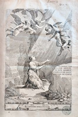 an old book with a drawing of a woman kneeling in front of a tree