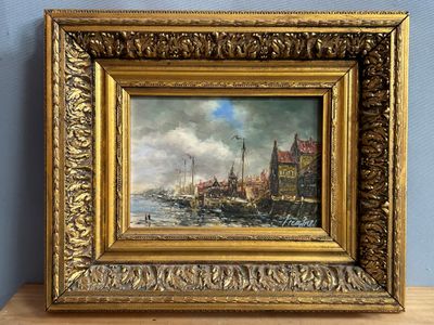 une peinture à l'huile d'une scène portuaire avec des bateaux dans l'eau