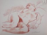 drawing of a nude woman laying on a bed with her head on the pillow