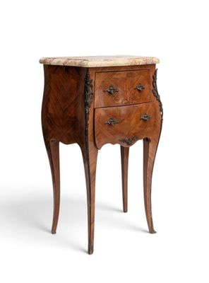 an image of a small wooden table with marble top
