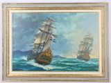 an oil painting of two ships in the ocean with a sky background