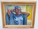 painting of a woman with a blue head scarf in a gold frame