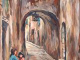 painting of a woman and a child sitting on a cobblestone street
