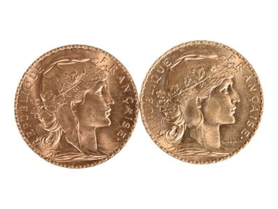Deux pièces de vingt francs or au coq, 1907 et 1913. Usures. - Photo 1