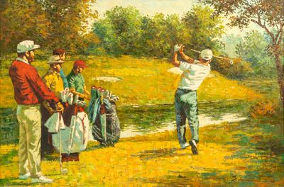 an oil painting of a man swinging a golf club at a golf course