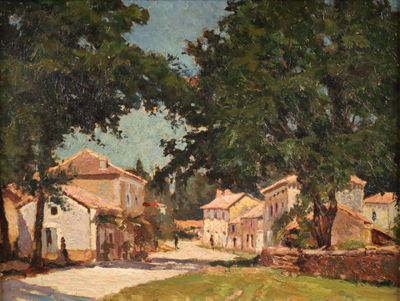 une peinture à l'huile représentant une rue avec des maisons et des arbres en arrière-plan