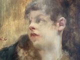 painting of a woman in a fur coat with a red bow